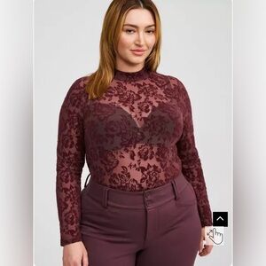 Torrid Burgundy Flocked Mesh Mock Neck Floral Blouse